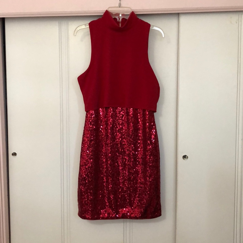 Red turtleneck sequin dress